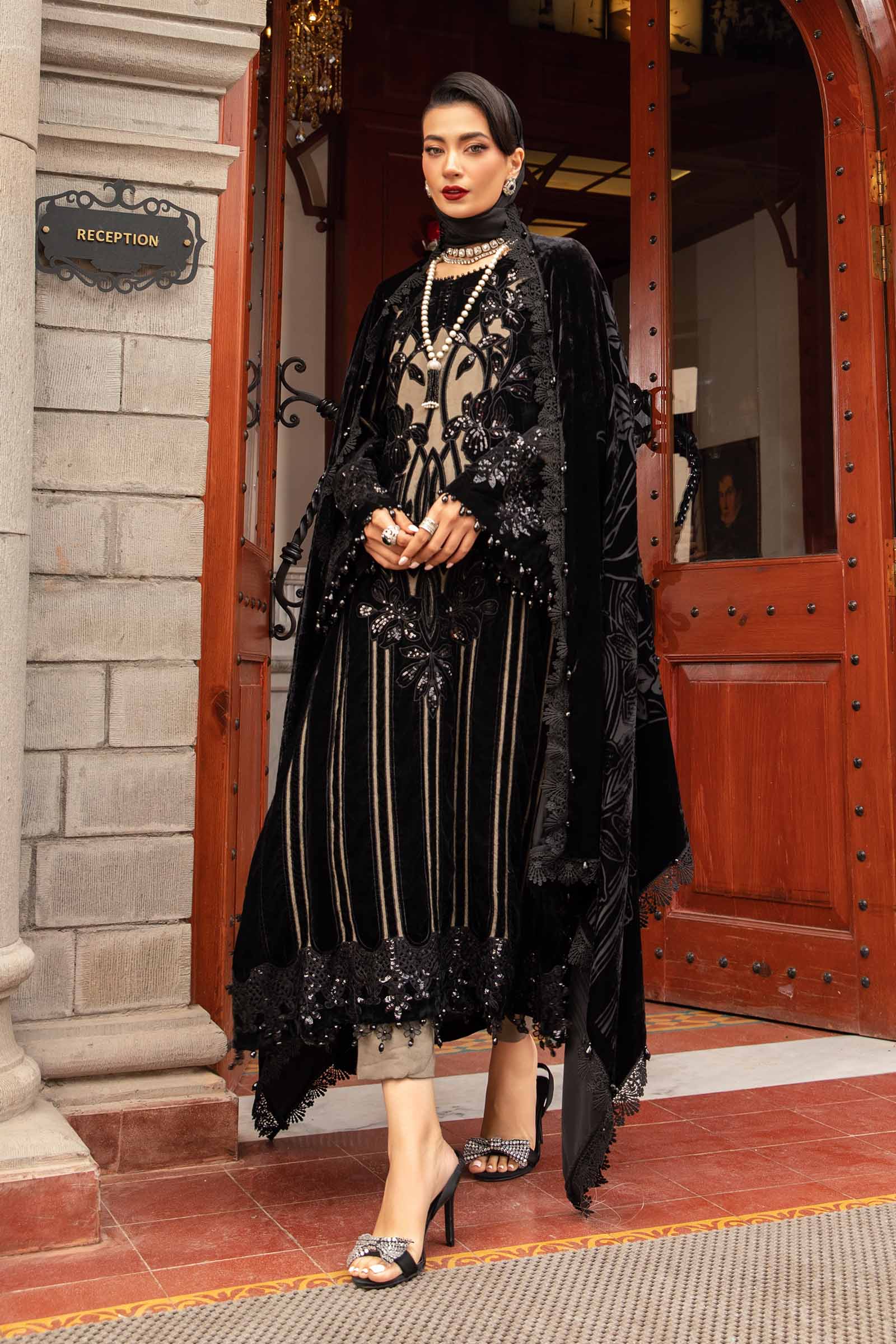 3 Piece Unstitched Embroidered Velvet Suit | DL-1205 - Image 3