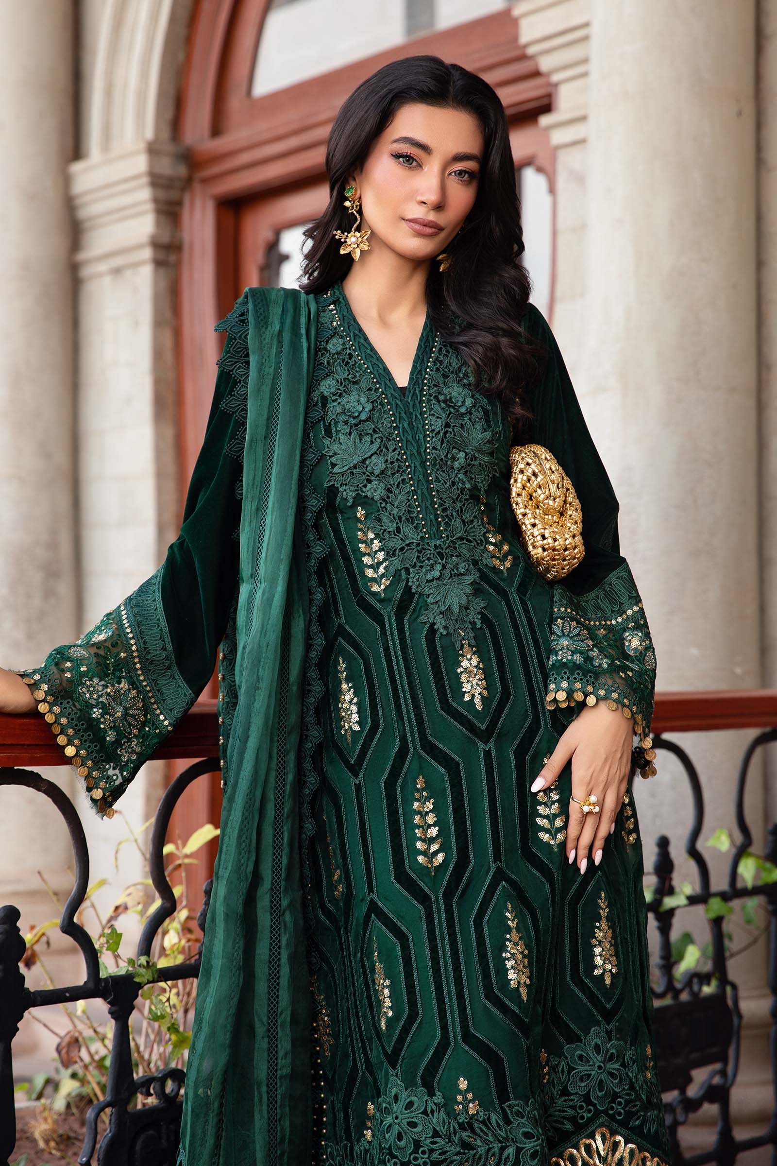 3 Piece Unstitched Embroidered Velvet Suit | DL-1212 - Image 2