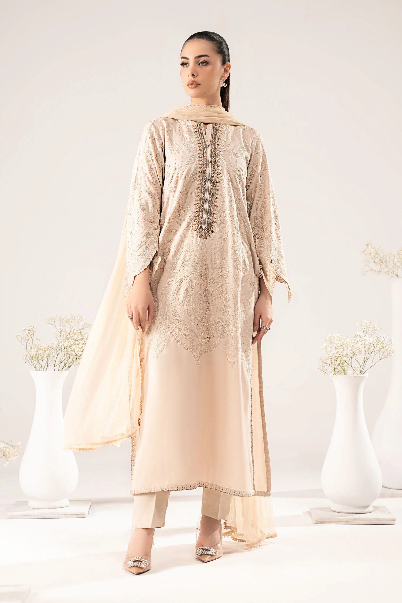 3 Piece Embroidered Raw Silk Suit