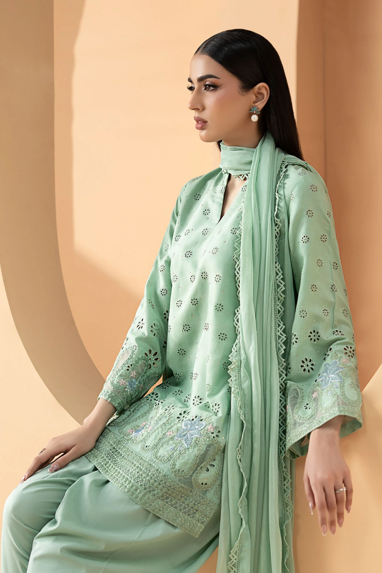 3 Piece Embroidered Pk Raw Silk Suit