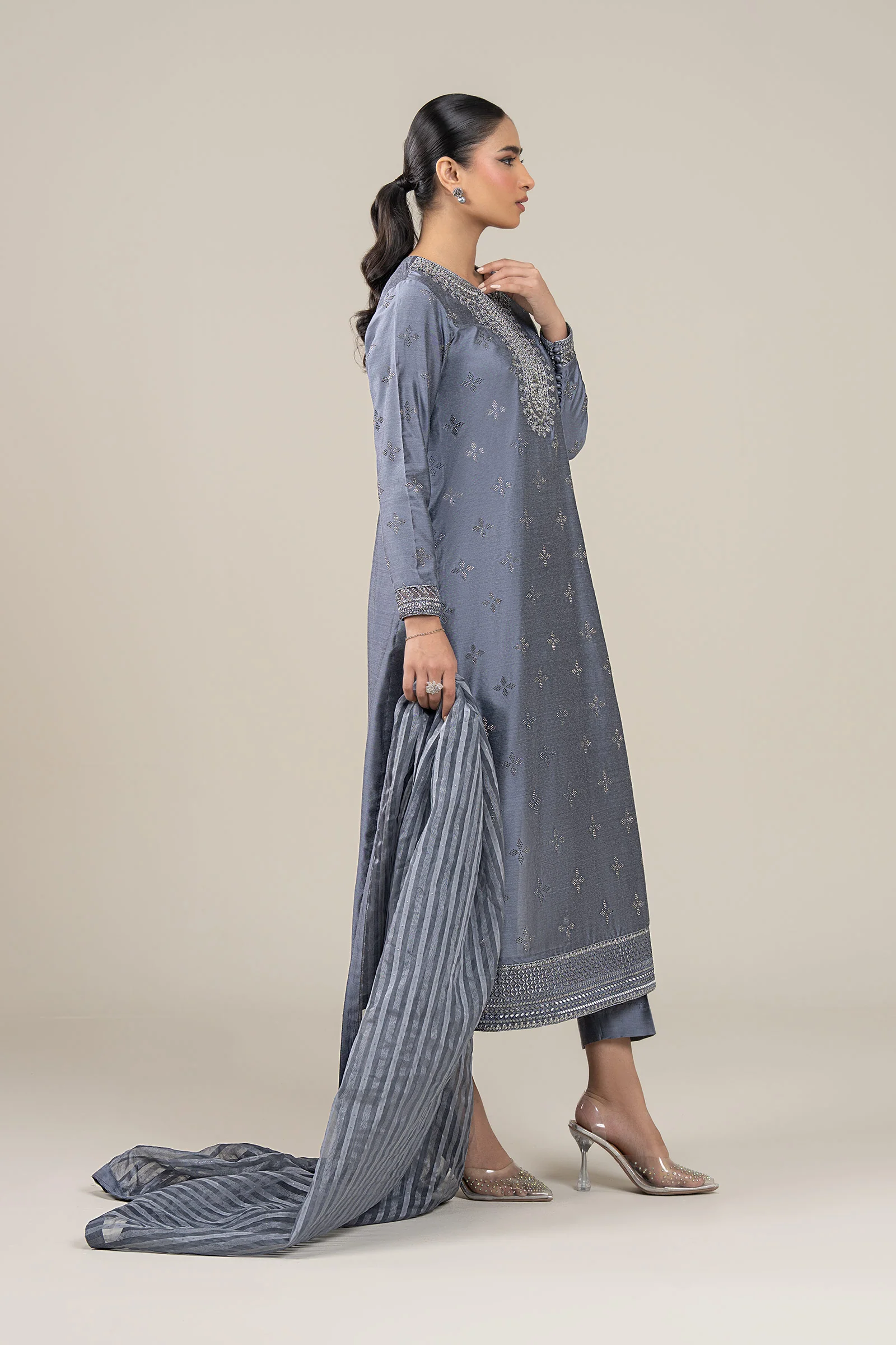 3 Pc Embroidered Two Tone Silk Suit - Image 4
