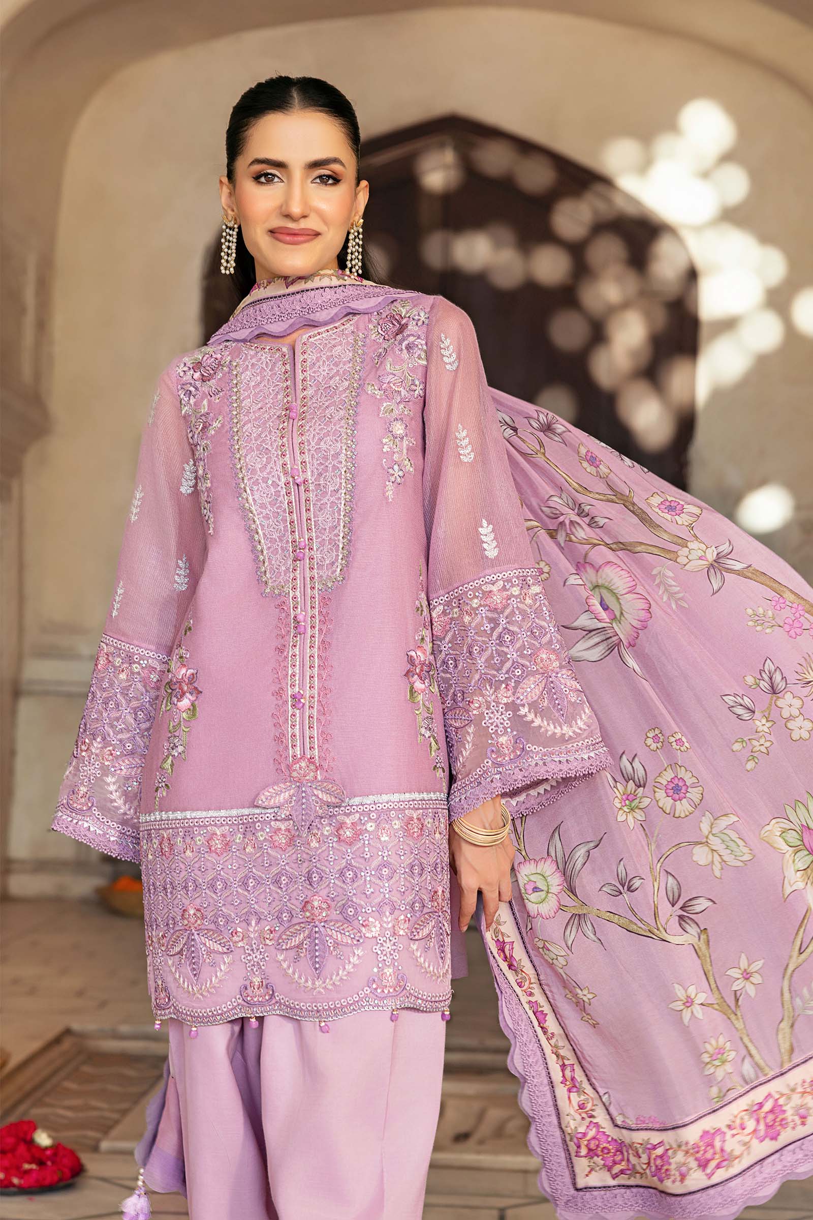 3 Pc Unstitched Embroidered Silk Cotton Net Suit - Image 2