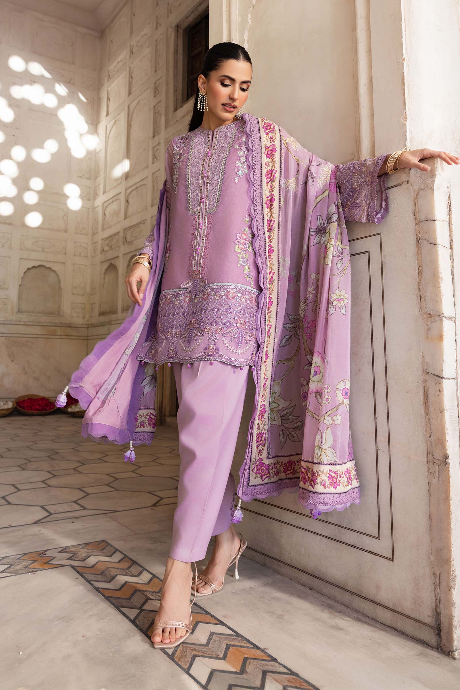 3 Pc Unstitched Embroidered Silk Cotton Net Suit - Image 3