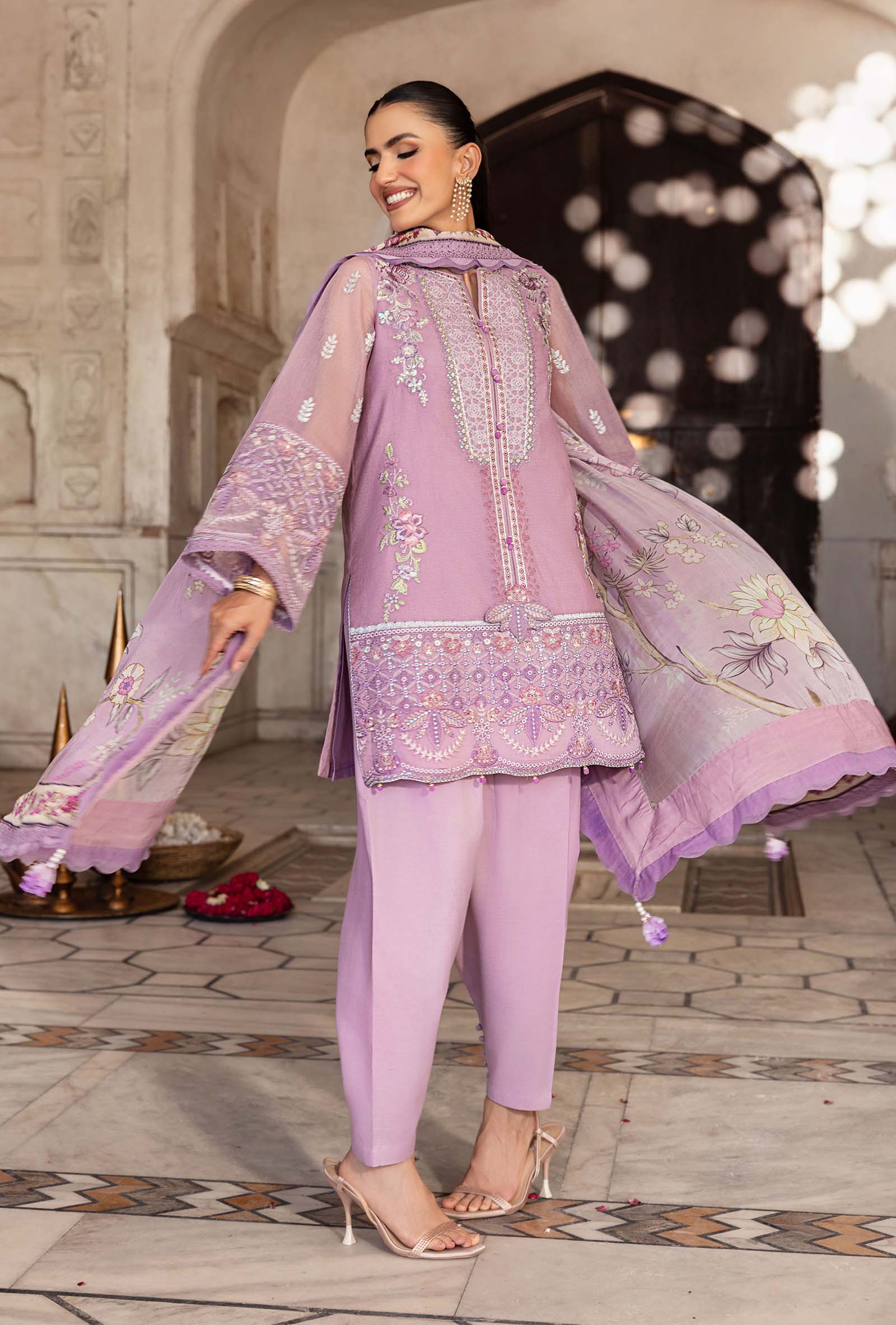 3 Pc Unstitched Embroidered Silk Cotton Net Suit - Image 4