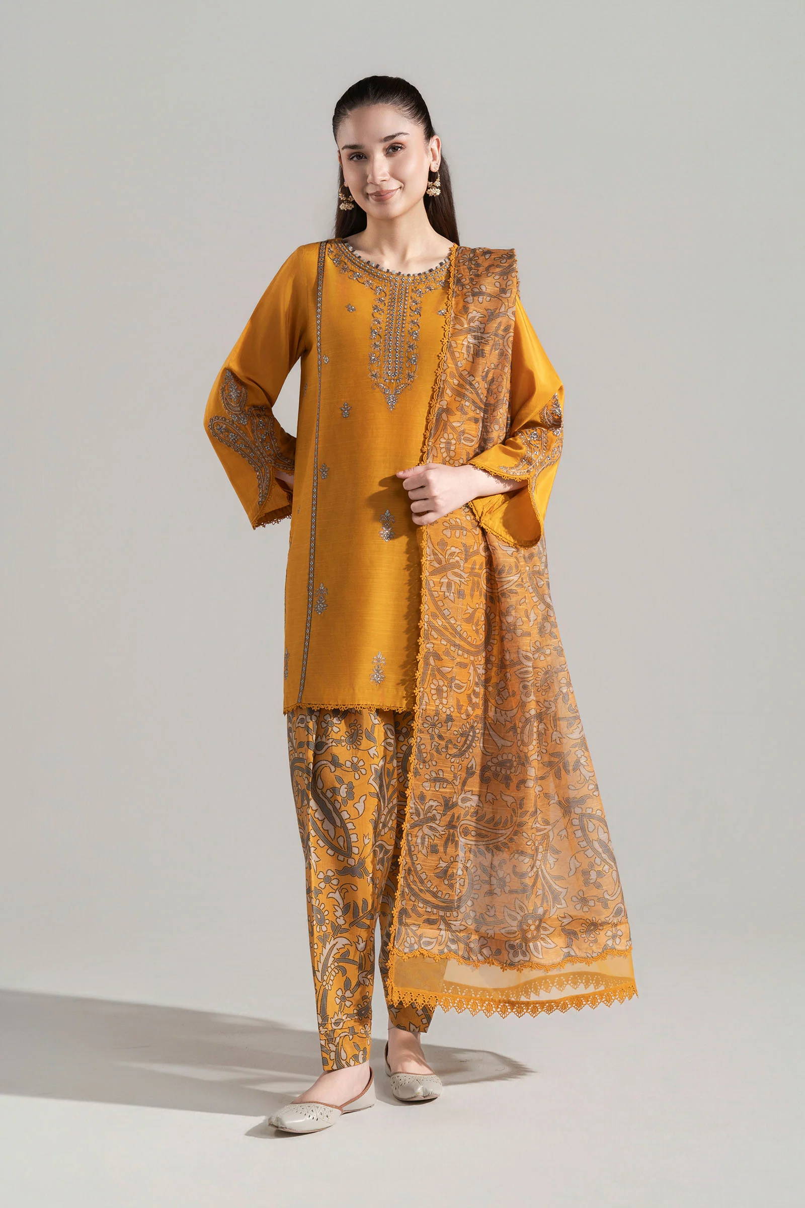 3 Pc Embroidered Shiny Silk Slub Suit
