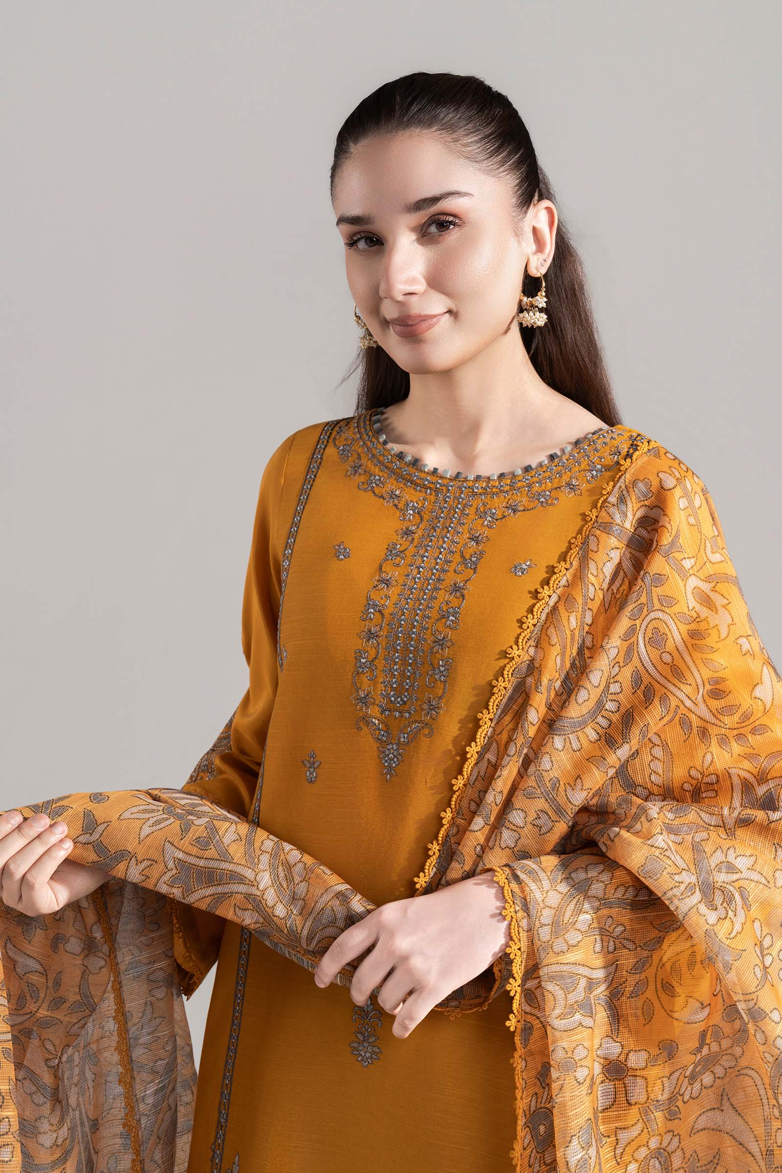3 Pc Embroidered Shiny Silk Slub Suit - Image 3