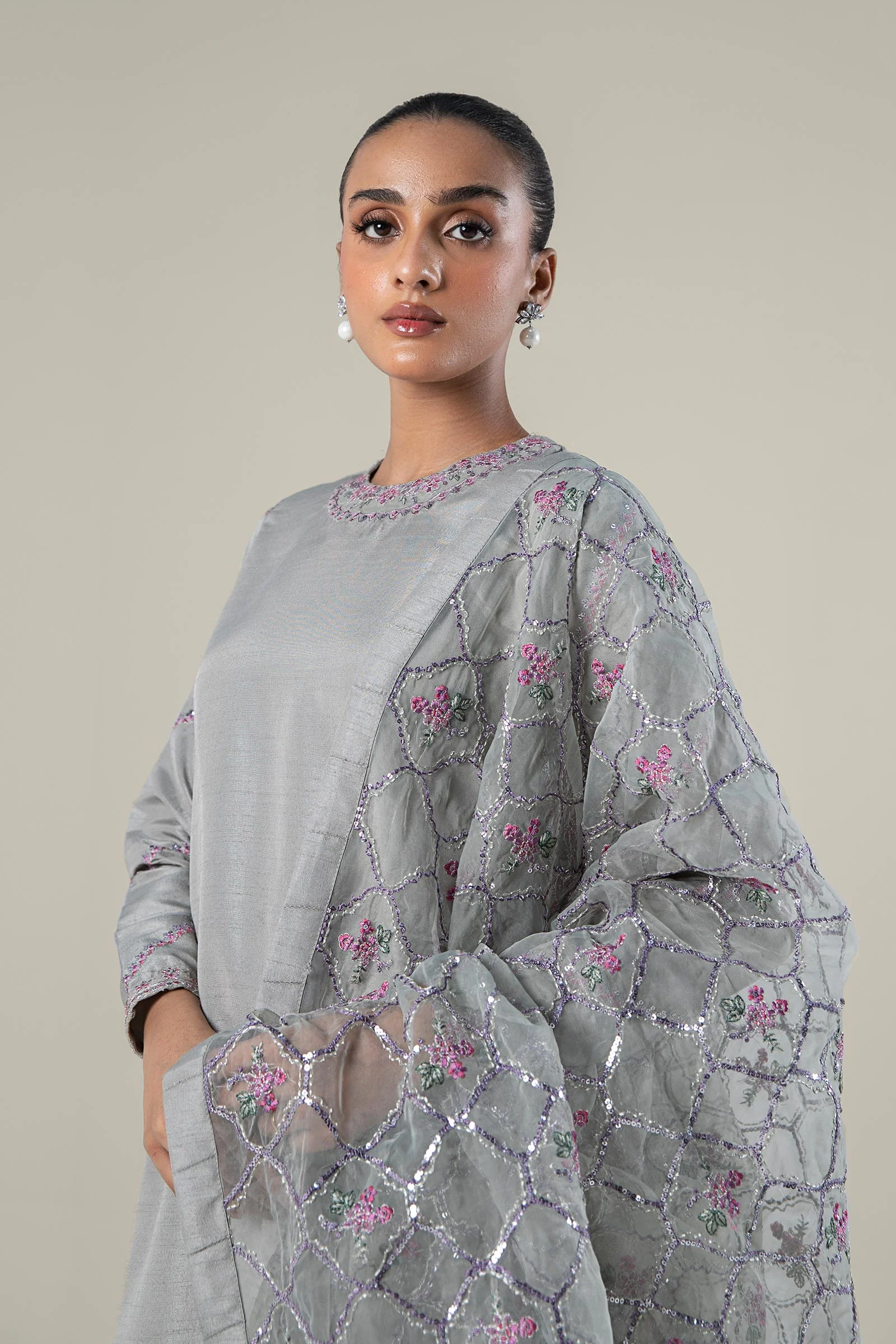 3 Pc Embroidered Raw Silk Suit - Image 3
