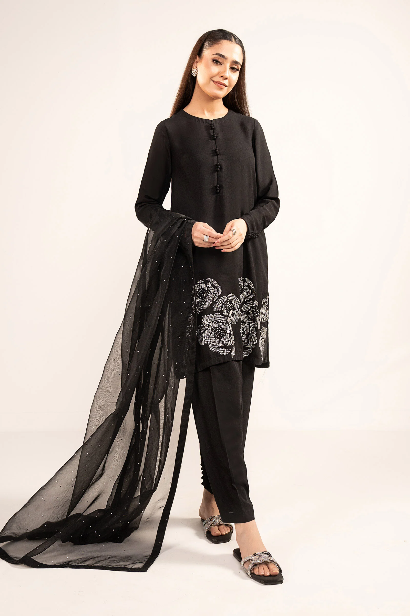 3 Pc Embellished Raw Silk Suit
