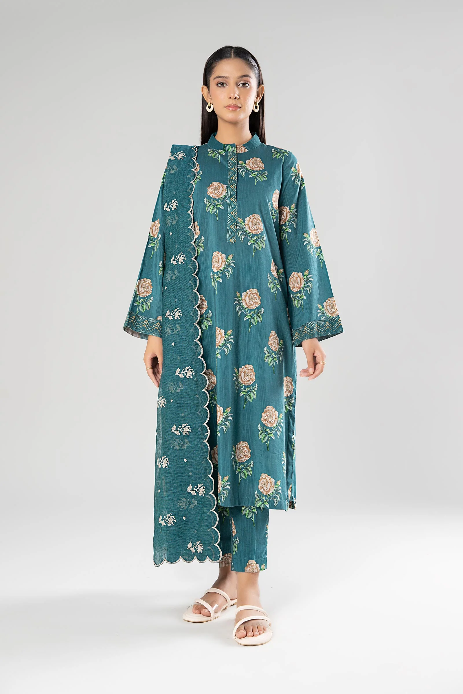 3 Pc Embroidered Slub Suit