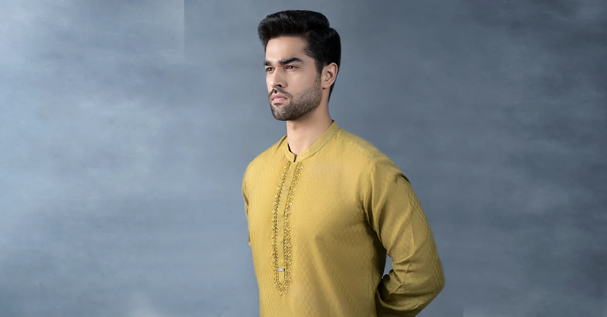 Hand-Embroidered Cotton Jacquard Kurta - Image 7