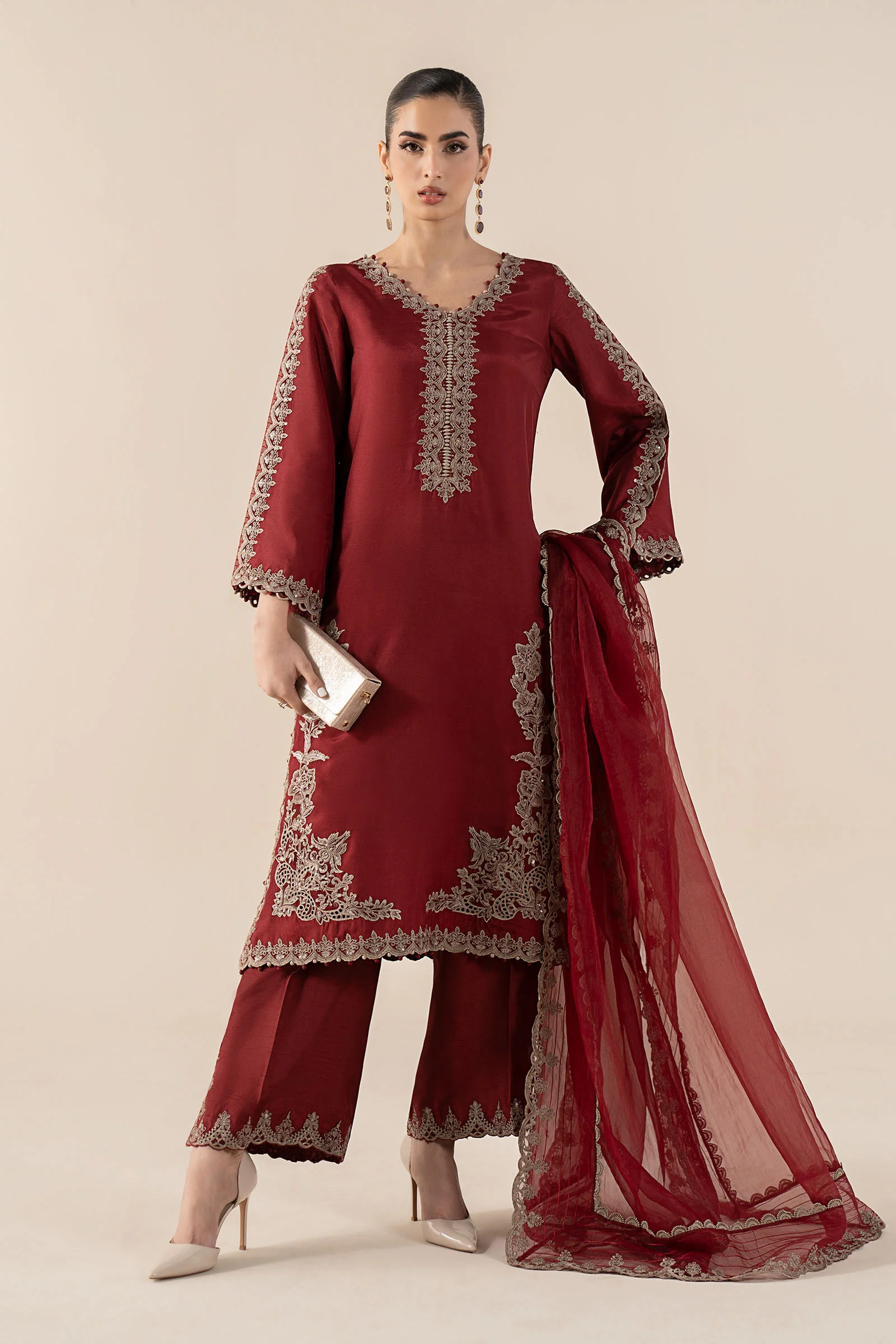 3 Piece Embroidered Tassel Silk Suit