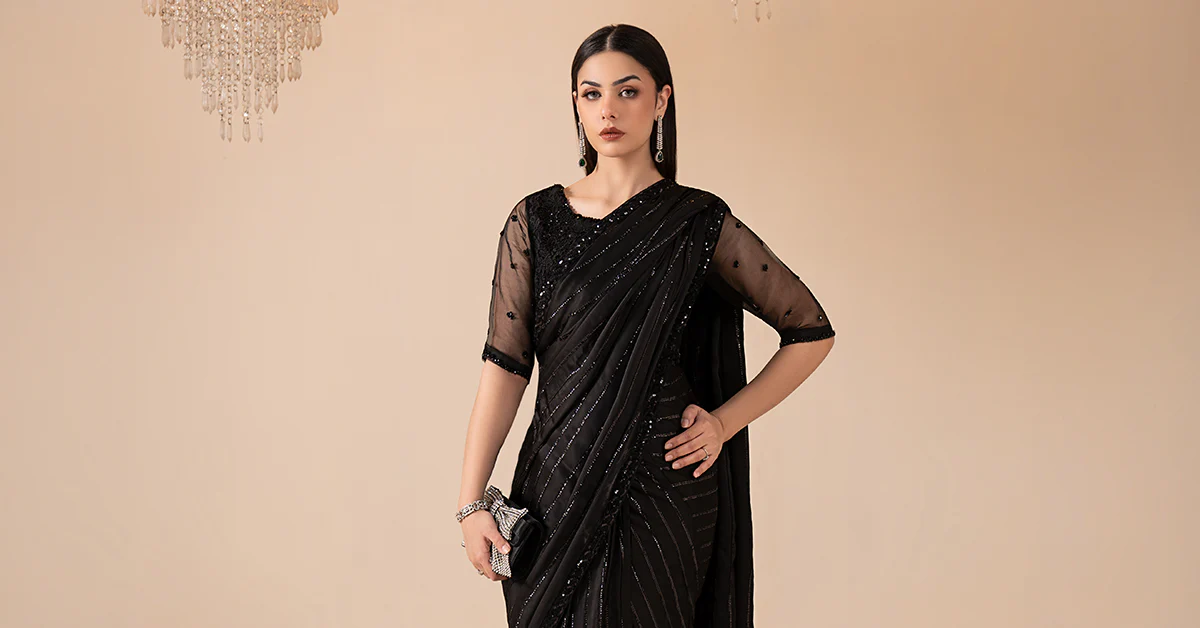 Embroidered Charmeuse Silk Saree - Image 9