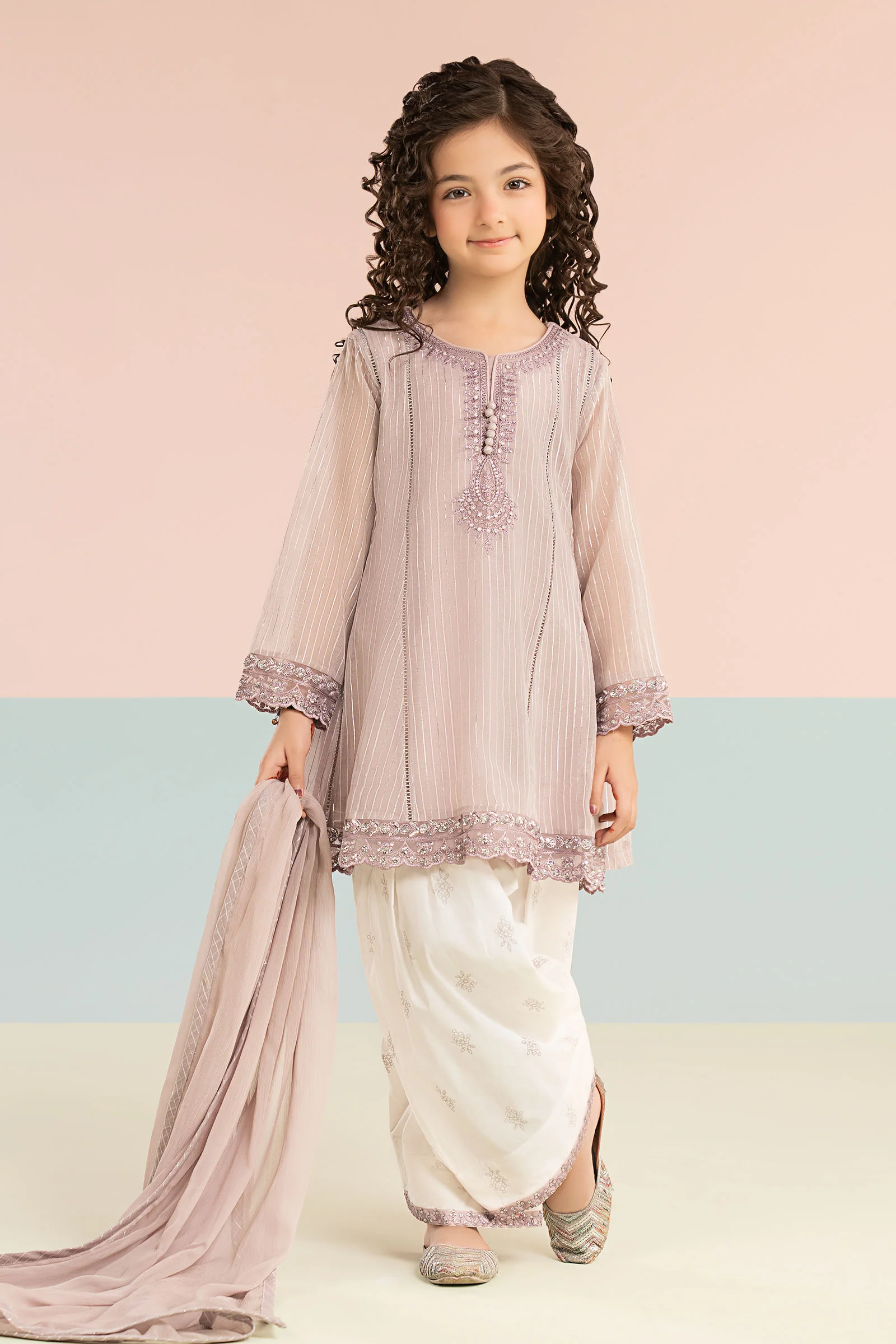 3 Piece Embroidered Striped Lurex Yarn Dyed Suit - Image 2