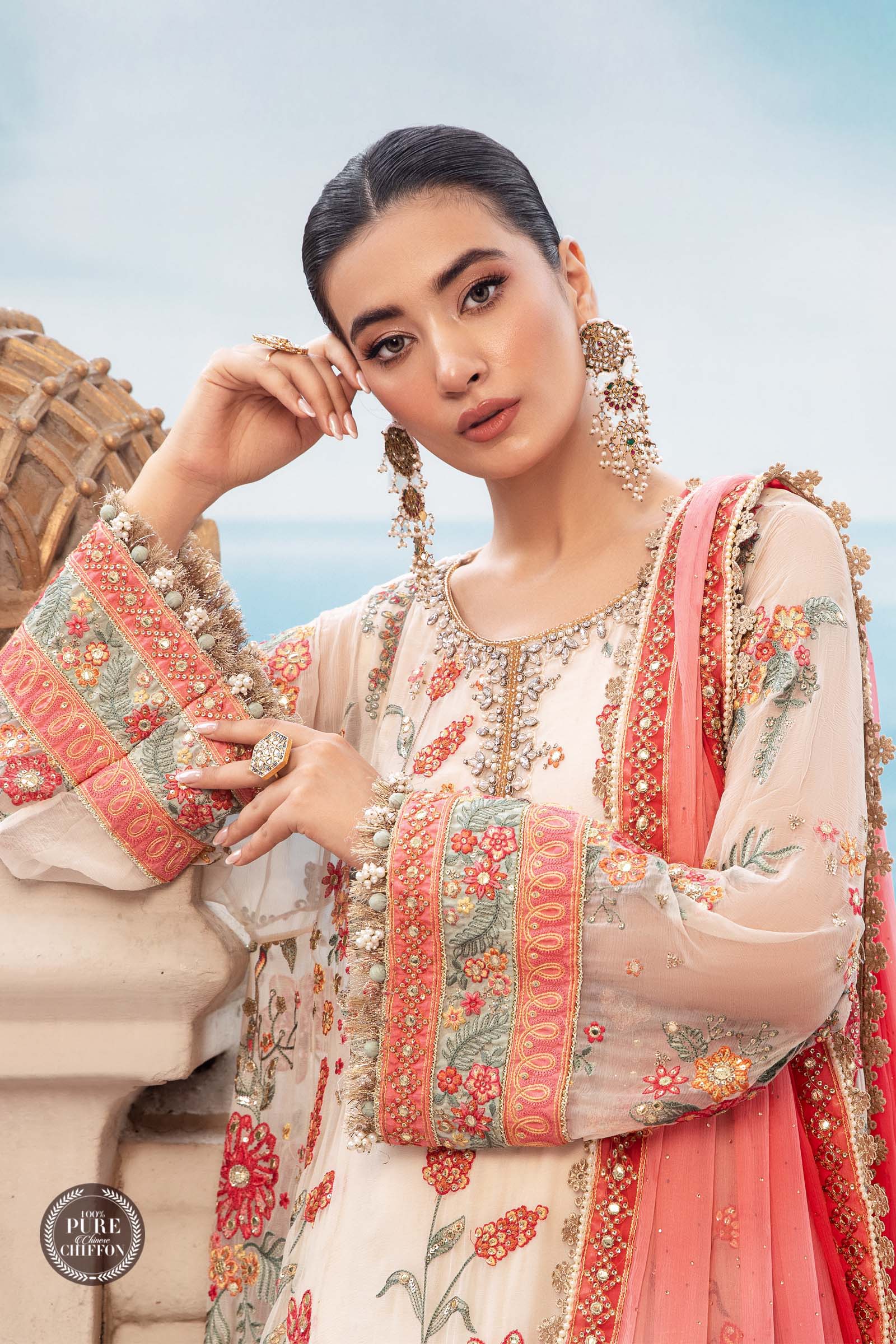 Unstitched Chiffon | MPC-23-106 Cloud White Floral - Image 5