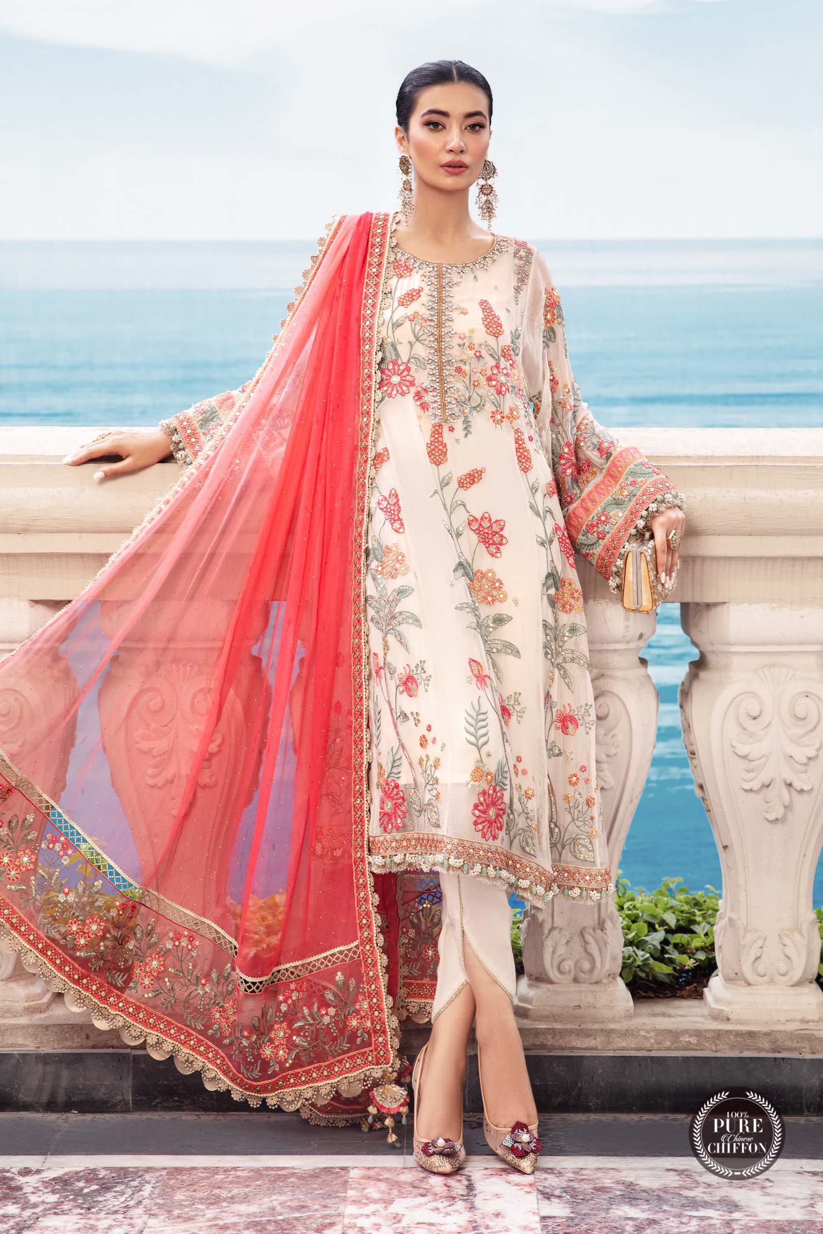 Unstitched Chiffon | MPC-23-106 Cloud White Floral - Image 9