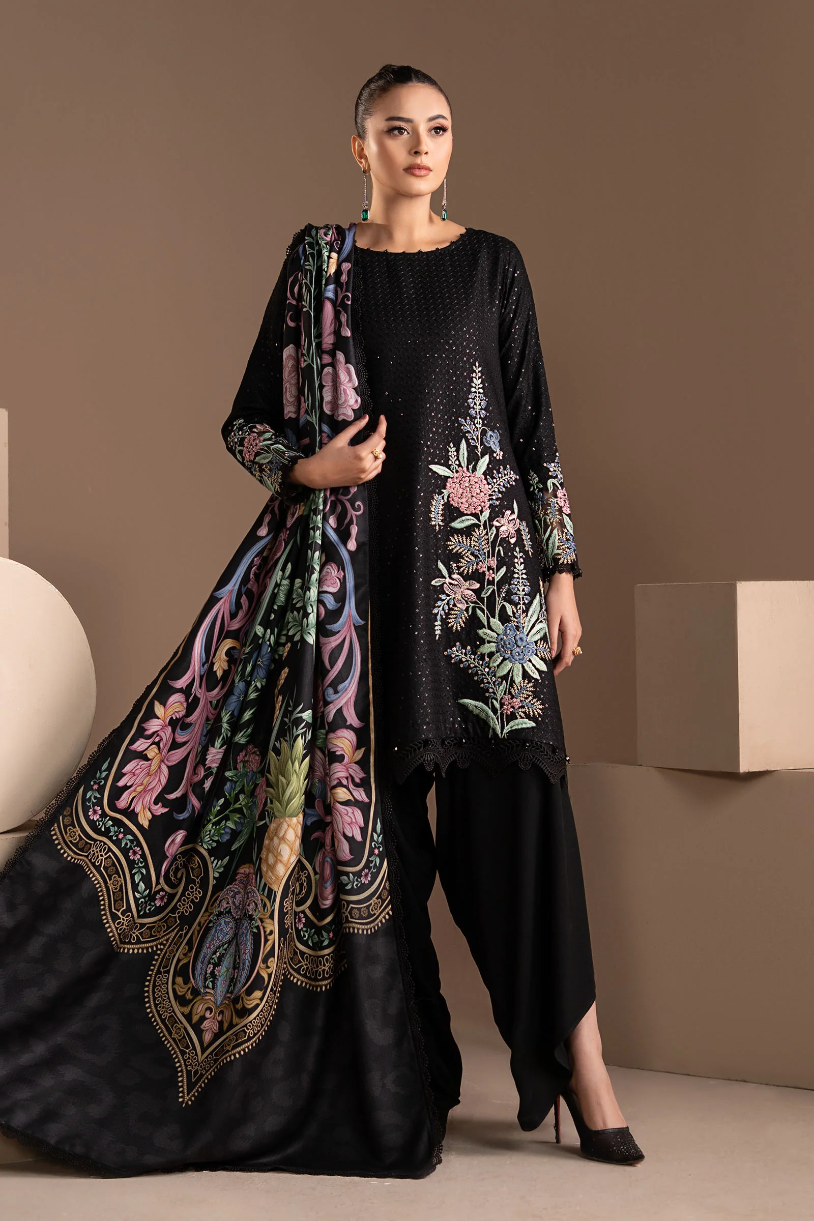 3 Piece Embroidered Twill Linen Suit