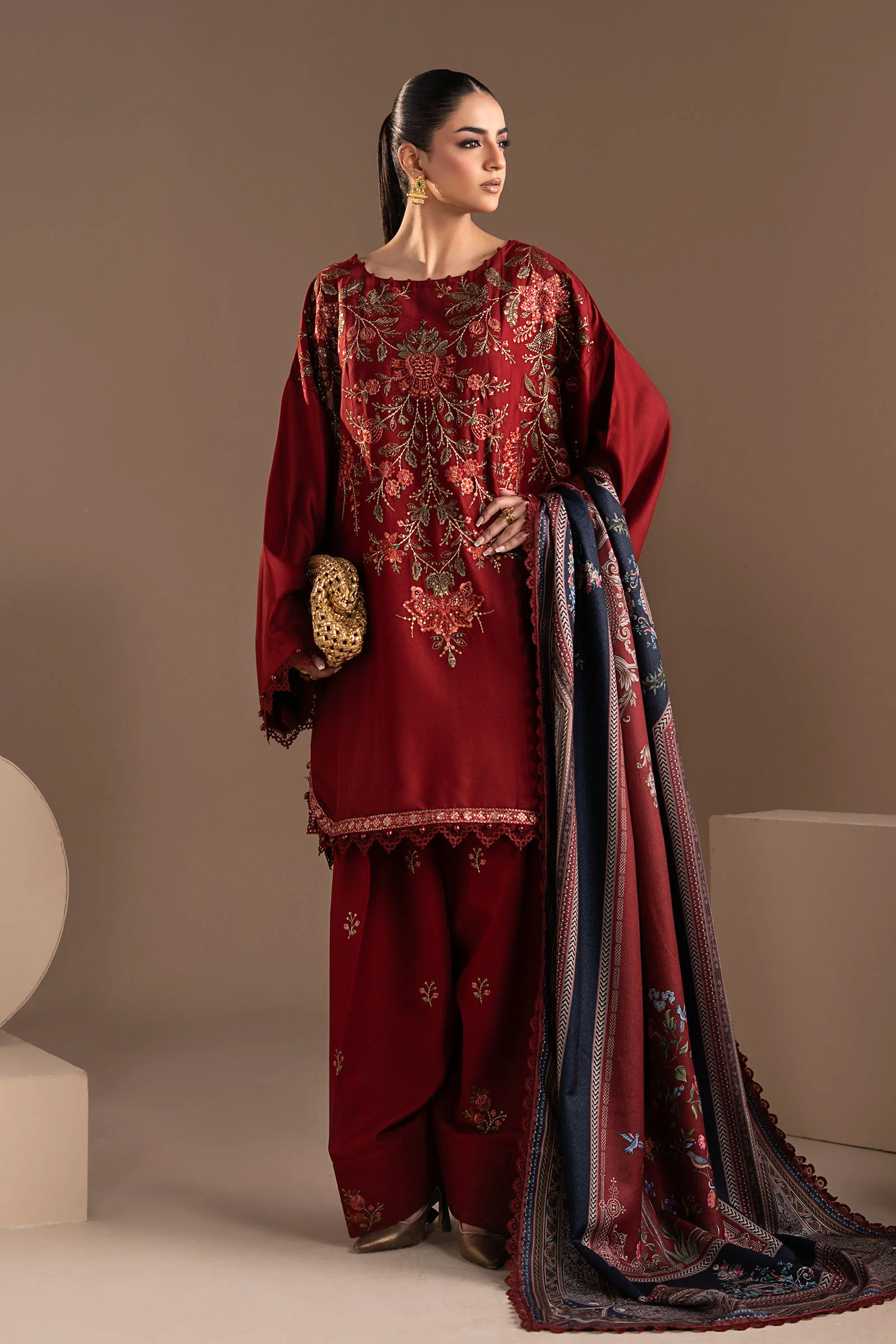 3 Piece Embroidered Twill Linen Suit