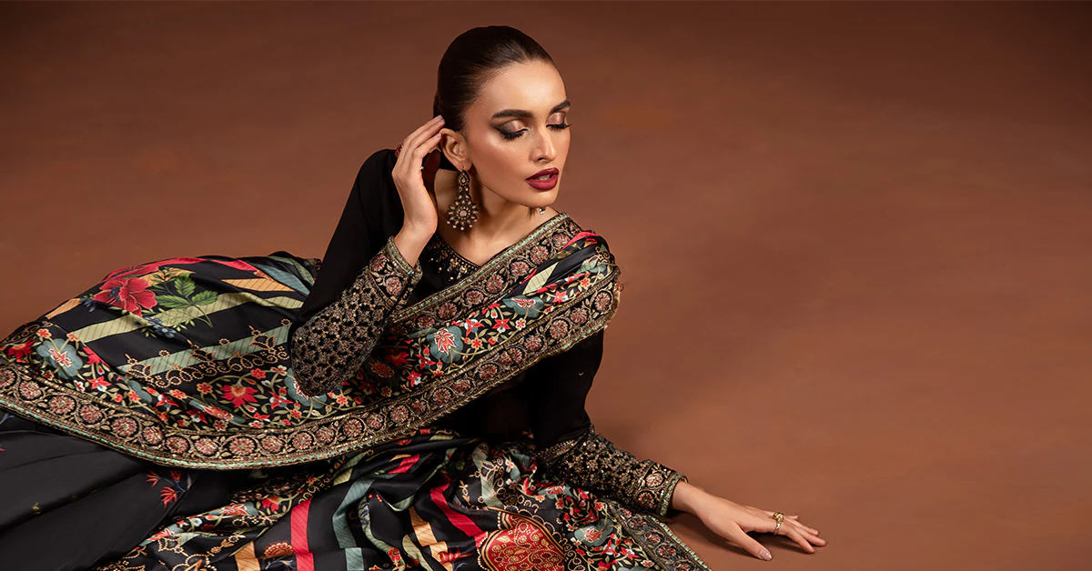 Embroidered Pure Charmeuse Silk Saree - Image 8