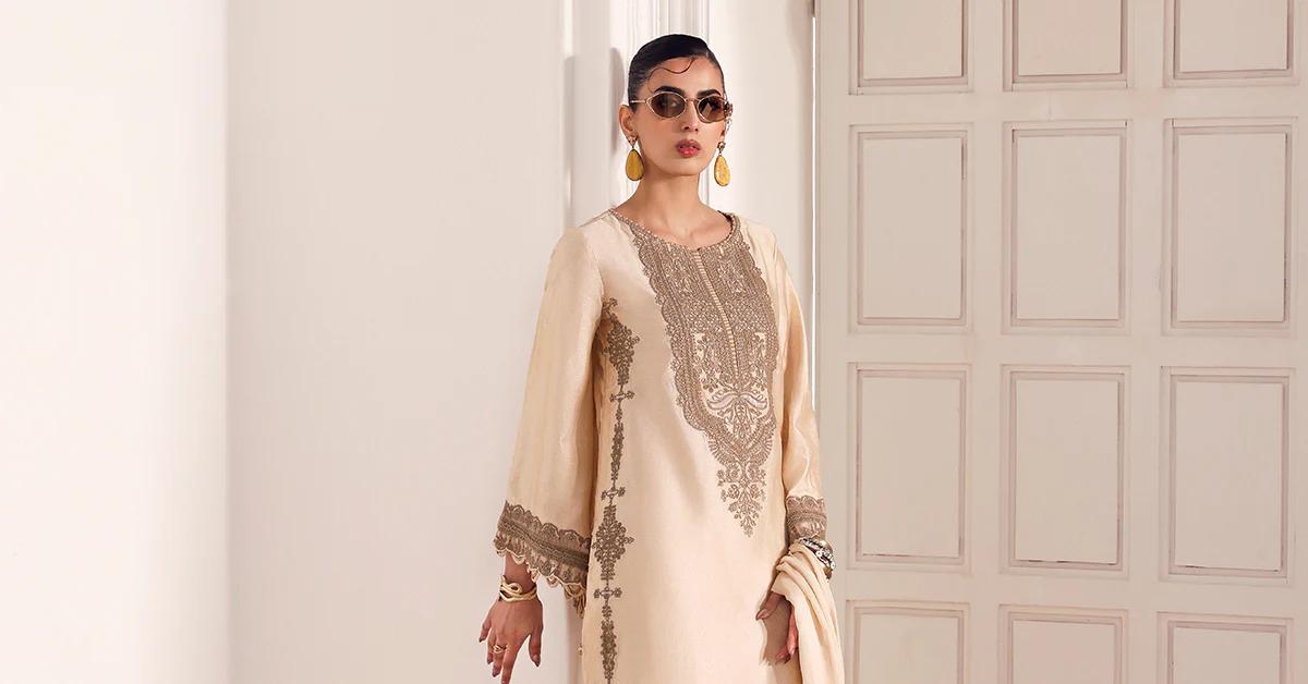 3 Piece Embroidered Self Tassel Silk Suit - Image 7