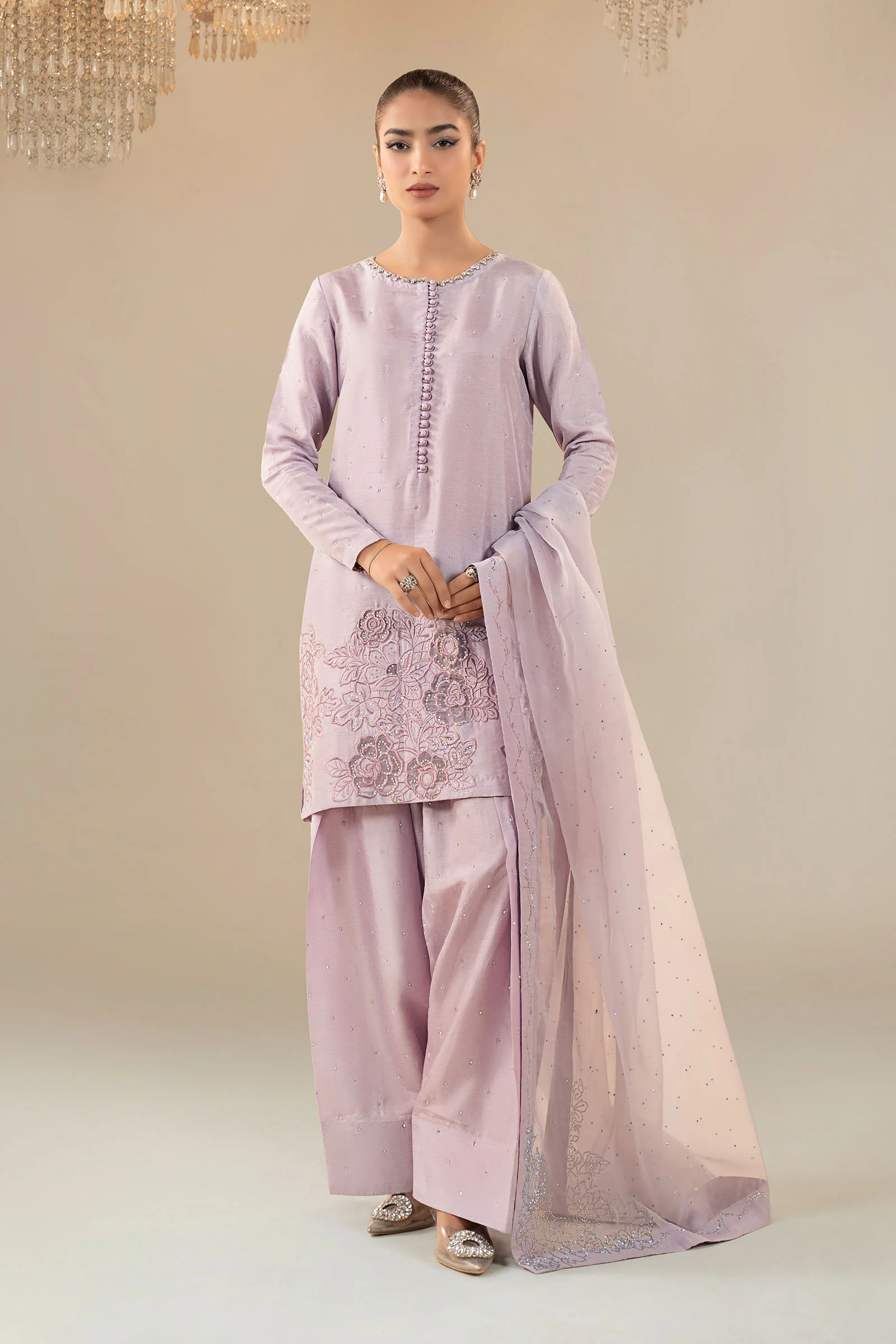 3 Piece Embellished Raw Silk Suit