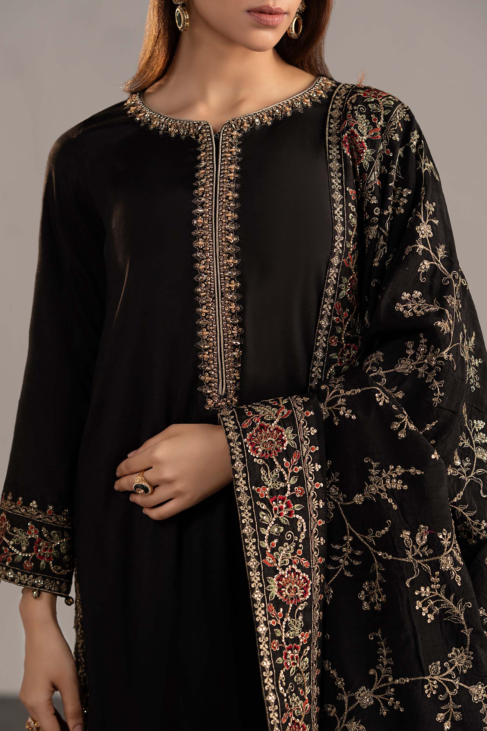 3 Piece Embroidered Raw Silk Suit - Image 3